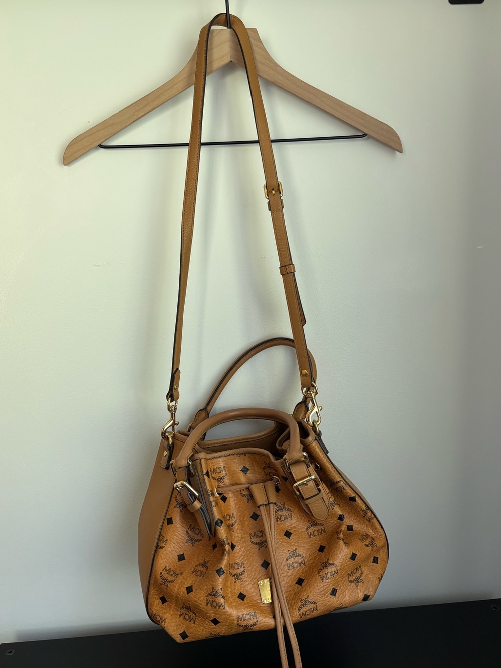 MCM Cognac Visetos Drawstring Bucket Bag - Tan/Cognac